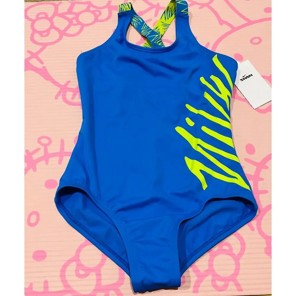 NWT❤️NIKE KIDS CONTRASTING SIDE LOGO PRINTED ONE PIECE SWIMSUIT szS